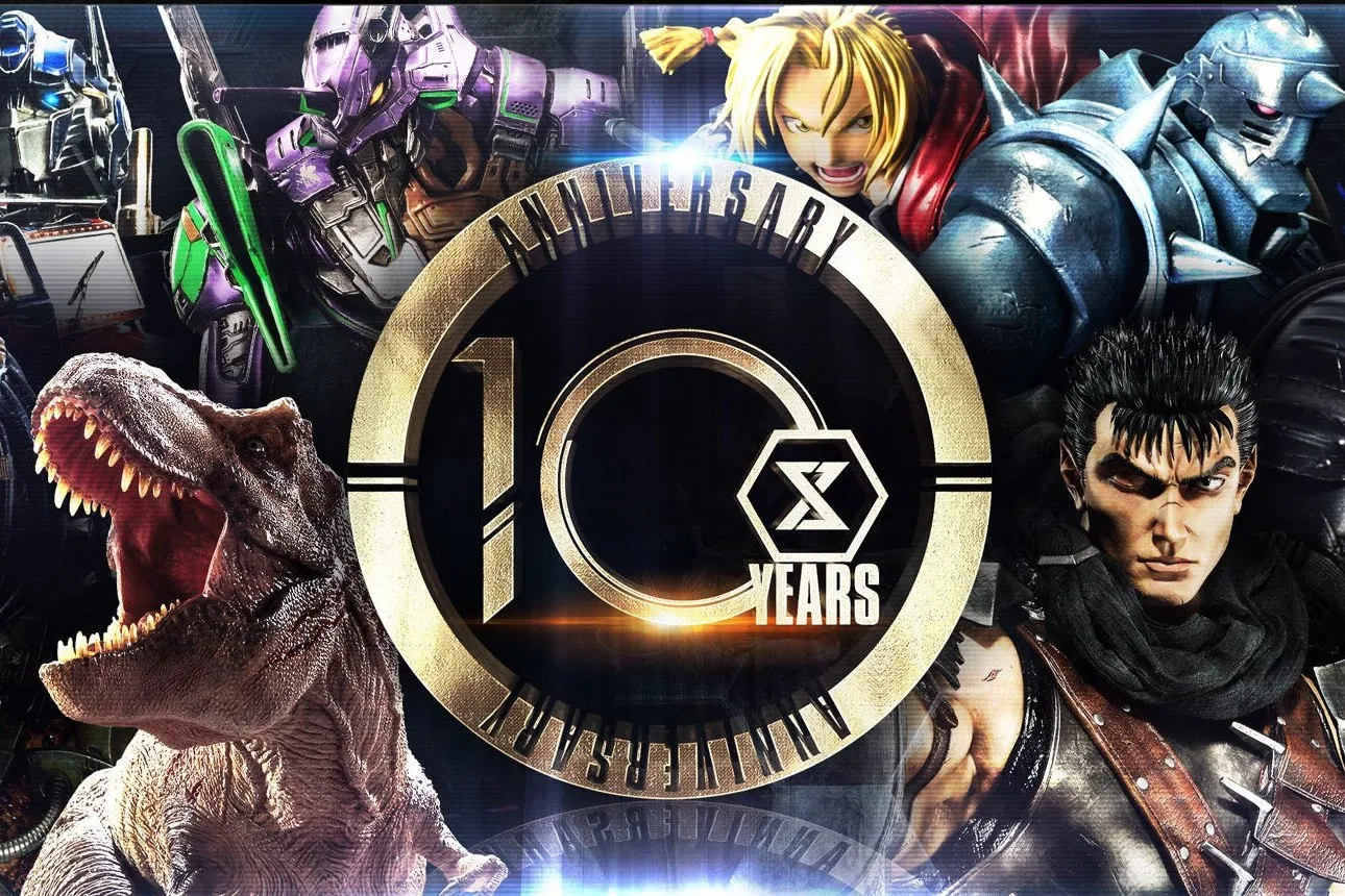 Prime 1 Studio 10th anniversary key visual: the "10 YEARS" emblem surrounded by statues from the past decade